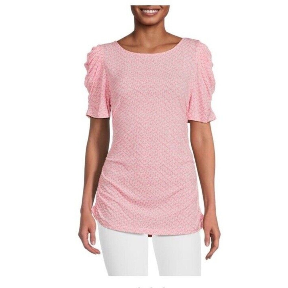 DKNY Womens Pink Ruched Puff Sleeve Top  Size M Strech Blouse NWT